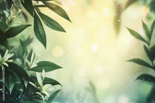 Green leaves and delicate white flowers with a soft glowing background, creating a peaceful and enchanting natural scene