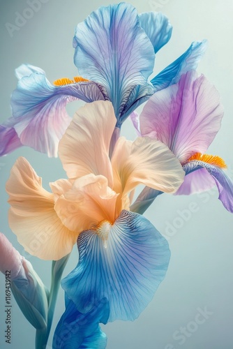 Colorful irises in soft pastel shades captured against a light background wit...