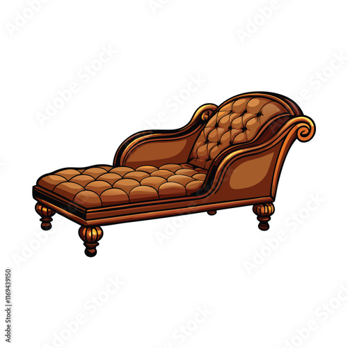 Generate a cartoon image of an elegant chaise lounge with a tufted backrest and curved wooden legs.