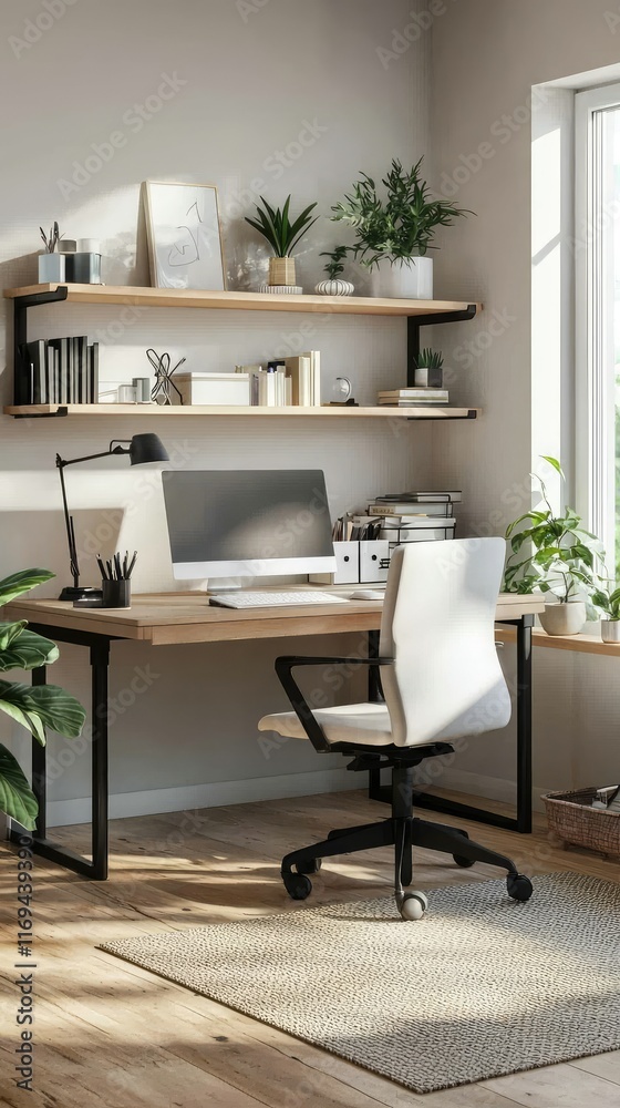 Fototapeta premium Modern Home Office Setup with Plants and Natural Light