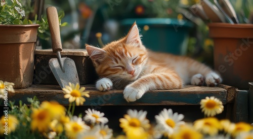 Cat lounging among vibrant flowers and garden tools in a sunny outdoor setting