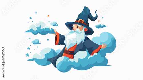 Wizard in Hat Catching Clouds Flat Vector Illustration