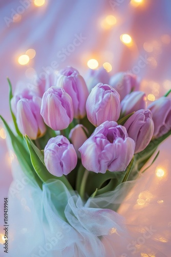Beautiful bouquet of purple tulips with soft lights creating a cozy atmosphere