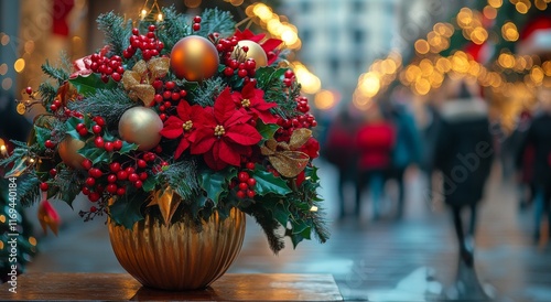 Holiday centerpiece with festive decorations and blurred street scene in back...