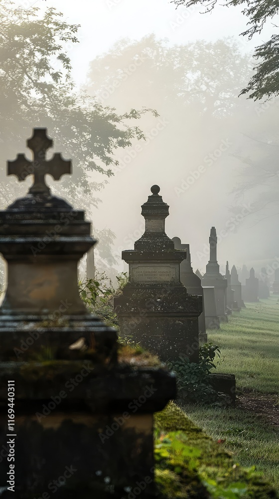 Misty Graveyard Pathway with Old Gravestones at Dawn Misty Graveyard Pathway with Old Gravestones at Dawn