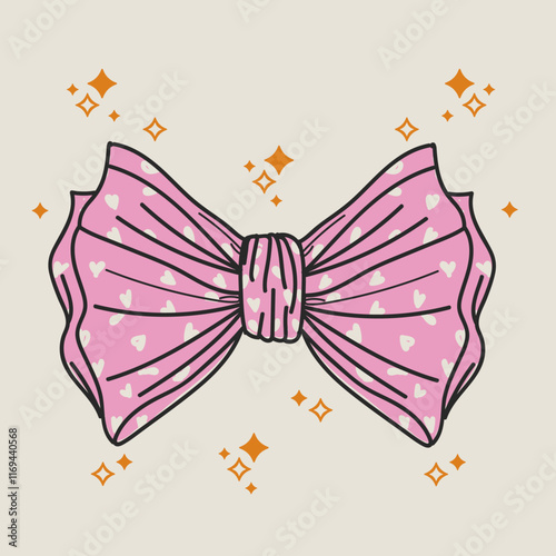 Hand drawn pink bowtie with white heart decorations, Girly Coquette bow aesthetic, Bow ribbon doodle, Bow knot illustration, Wedding celebration, Baby shower decorations, gift and present concepts