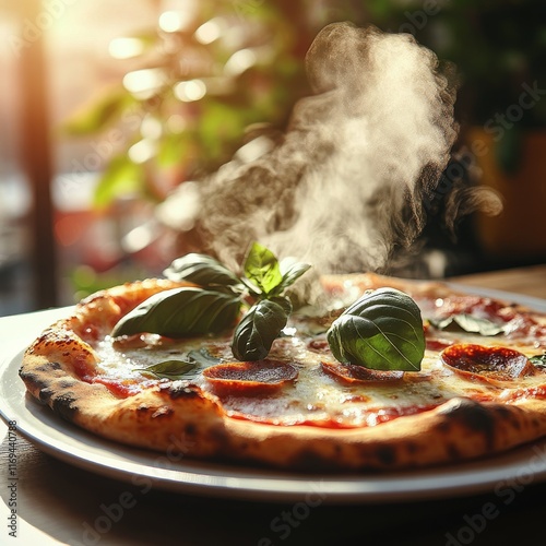 Freshly baked pizza with basil leaves steaming in sunlight