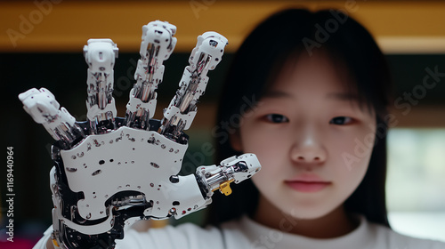 an asian teenager showing robotic prosthetic hand photo