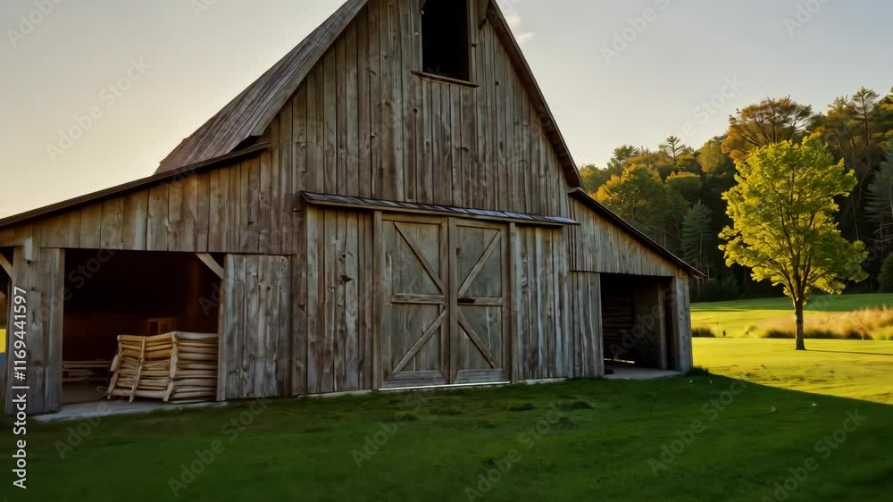 Beautiful sunset over a rustic wooden barn in a serene rural setting Beautiful sunset over a rustic wooden barn in a serene rural setting