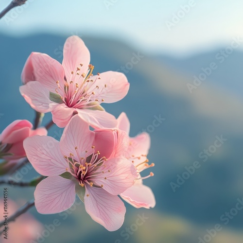 Cherry blossom branch with delicate pink flowers and closed buds against a so...