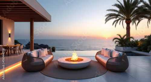 Wallpaper Mural Sunset Oasis: An idyllic outdoor living space with a circular fire pit, inviting seating, and a panoramic ocean view, bathed in the warm glow of a setting sun. Torontodigital.ca