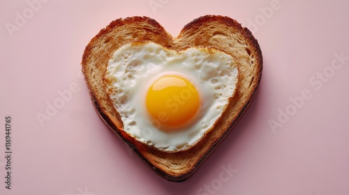 Creative breakfast with fried egg in heart-shaped toast on pink background