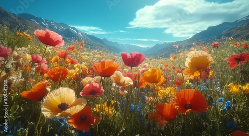 Vibrant poppy flowers basking in golden sunlight under a clear blue sky