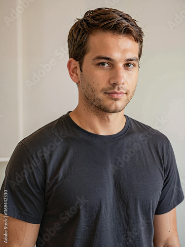 Retrato de hombre blanco con una camiseta negra casual en el interior de una habitación 