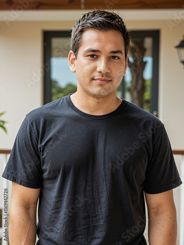 Retrato de hombre hispano con camiseta negra casual en el exterior de una casa con una ventana de fondo desenfocada  photo