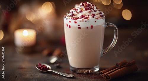 Warm holiday drink with festive decorations on a wooden table during winter e...