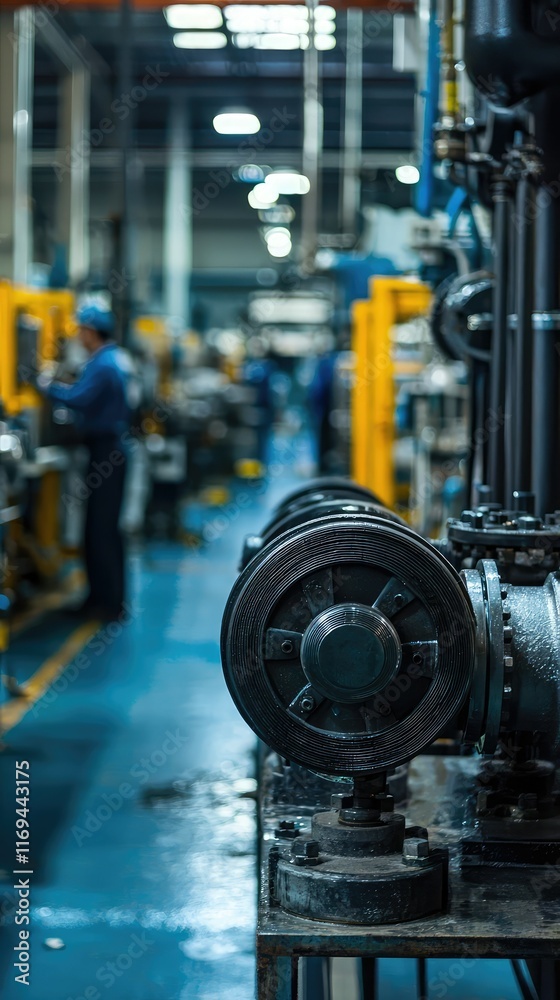 Fototapeta premium Industrial Machinery in Factory Setting with Workers and Equipment