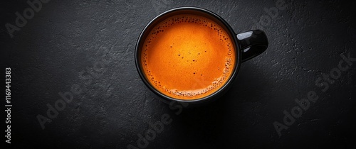 Rich brown coffee in a ceramic cup on a dark surface with a textured background
