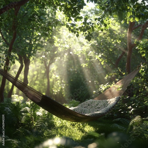 Relaxation in a serene hammock surrounded by vibrant greenery in a peaceful s...