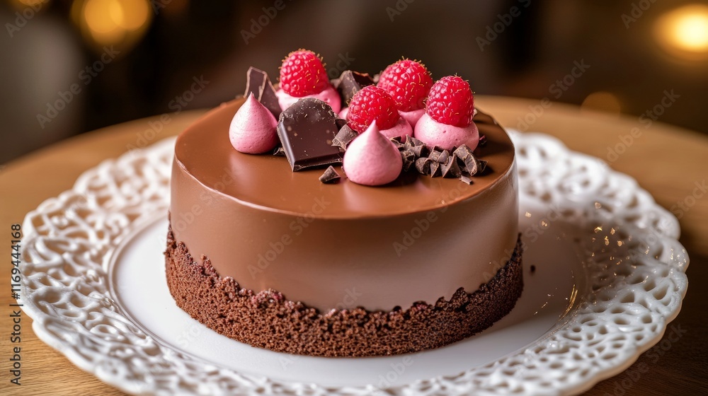 A beautifully crafted chocolate cake features smooth chocolate frosting, adorned with fresh raspberries, chocolate pieces, and pink meringue kisses set on a decorative plate A beautifully crafted chocolate cake features smooth chocolate frosting, adorned with fresh raspberries, chocolate pieces, and pink meringue kisses set on a decorative plate