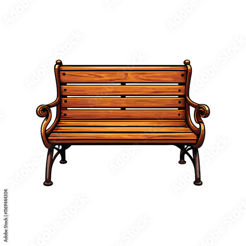 A wooden bench with slatted backrest, curved armrests, and black metal legs.