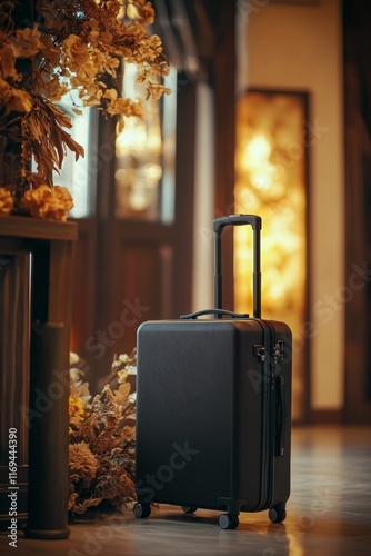 Black suitcase positioned elegantly in a luxurious hotel lobby with floral decor