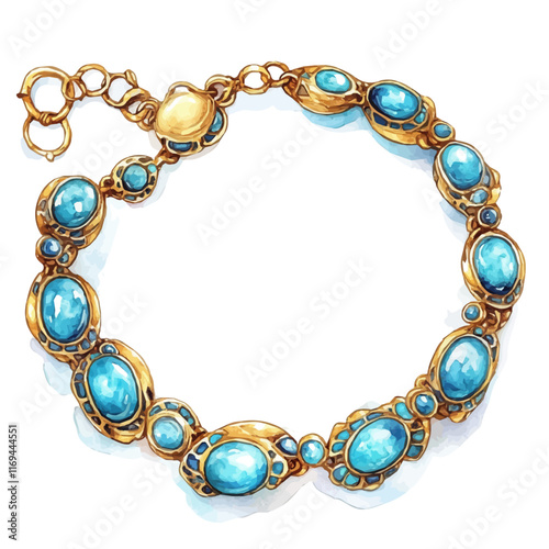 A watercolor vector painting of an elegant gold and turquoise bracelet, isolated on a white background. Elegant gold and turquoise bracelet vector.

