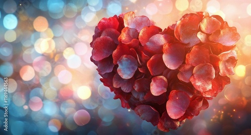 Heart-shaped arrangement of red rose petals creating a romantic atmosphere fo...