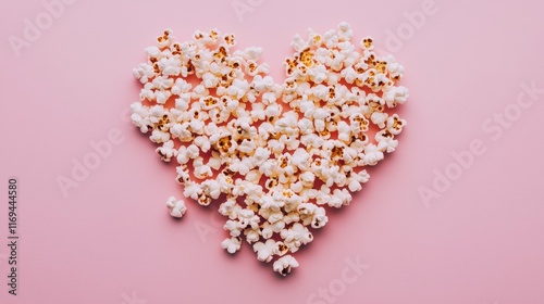 Heart made of popcorn on pink color background. Love the cinema, dating, and Valentine's Day concept