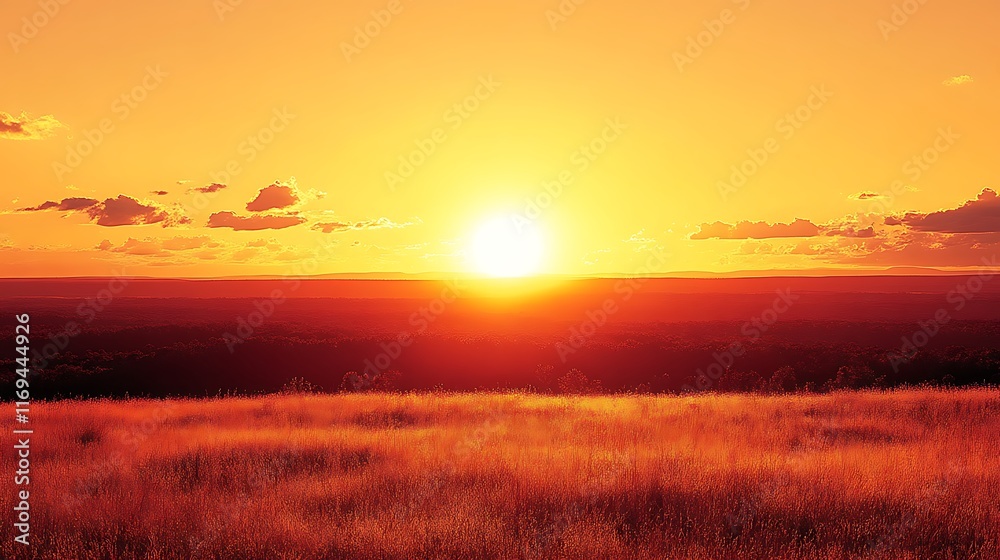 Fiery Sunset Over Rolling Hills and Grassland Fiery Sunset Over Rolling Hills and Grassland