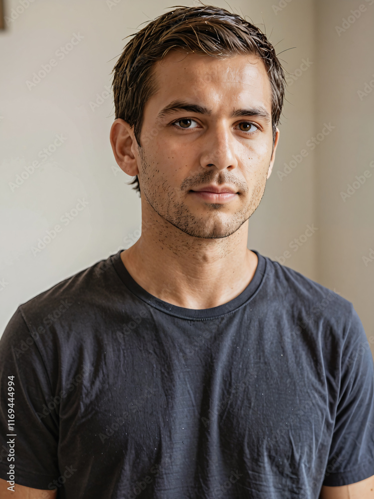 Fototapeta premium Hombre latino con camiseta negra en el interior de una casa 