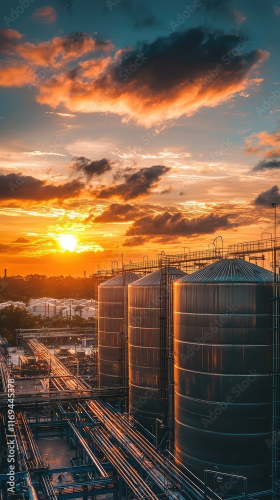 Sunset Over Industrial Silos with Beautiful Sky Colors and Clouds Sunset Over Industrial Silos with Beautiful Sky Colors and Clouds