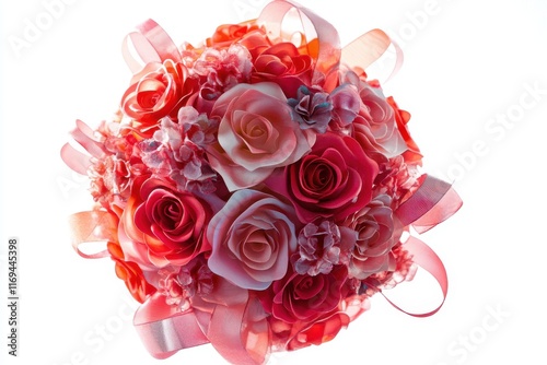 Elegant bouquet of red and pink roses with delicate ribbons on a white background