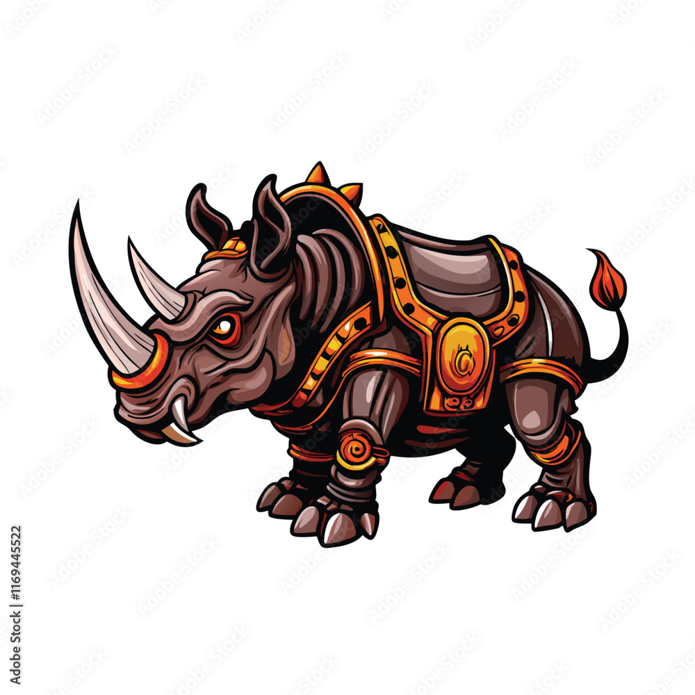 Fototapeta premium A mechanical rhinoceros with a sharp metal horn and a metallic armor.