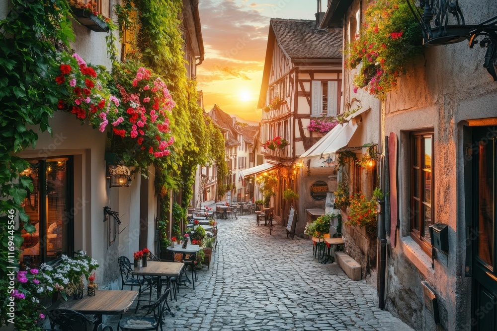 Fototapeta premium Picturesque European street with cobblestones and flower-adorned facades