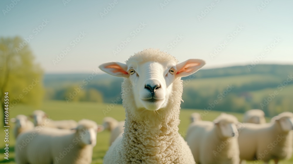 Fototapeta premium Curious sheep in pastoral meadow with herd in background