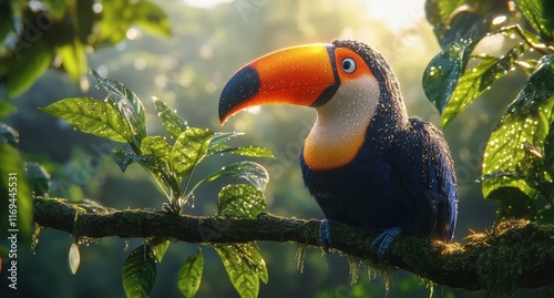 Vibrant toucan perched on a branch surrounded by lush rainforest foliage and ...