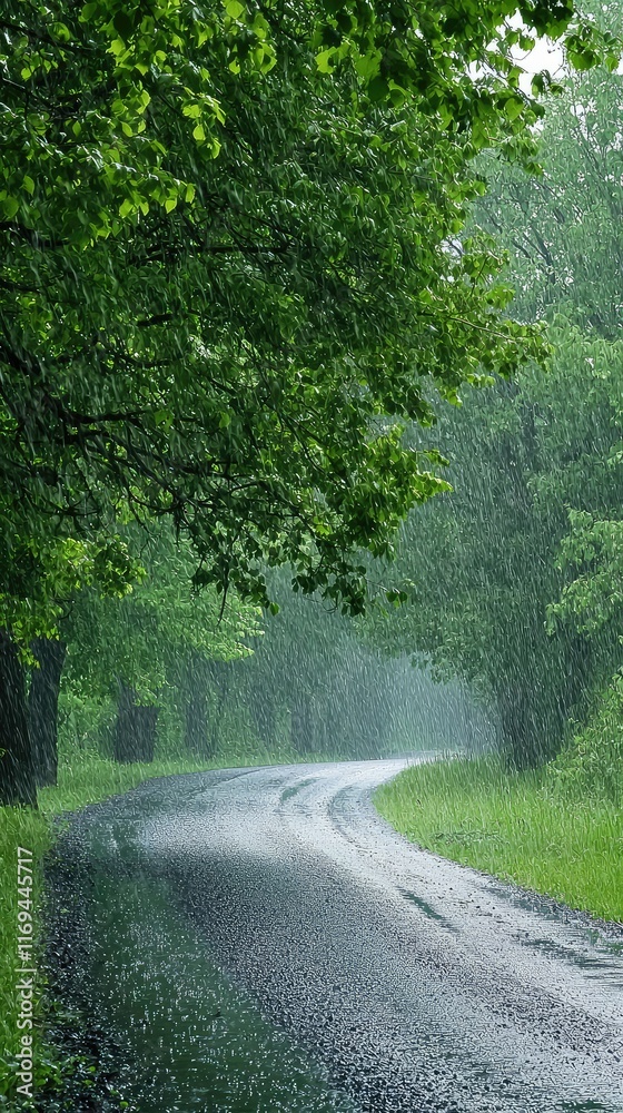 Rainy Day Scene on Winding Road Surrounded by Lush Green Trees Rainy Day Scene on Winding Road Surrounded by Lush Green Trees
