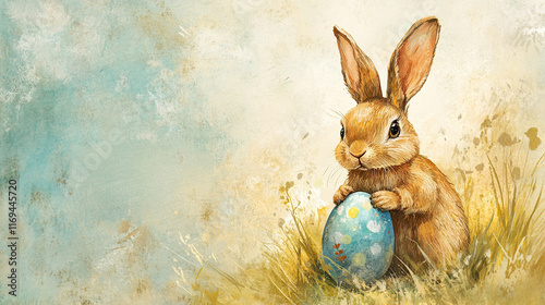 Easter Bunny Holding a Blue Painted Egg in Vintage Art Style