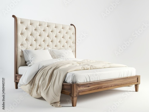 king-sized bed with a tufted headboard in cream velvet photo