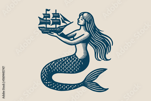 The mermaid is holding a small ship in her hands. Engraving vintage vector illustration, monochrome black color. Woodcut	