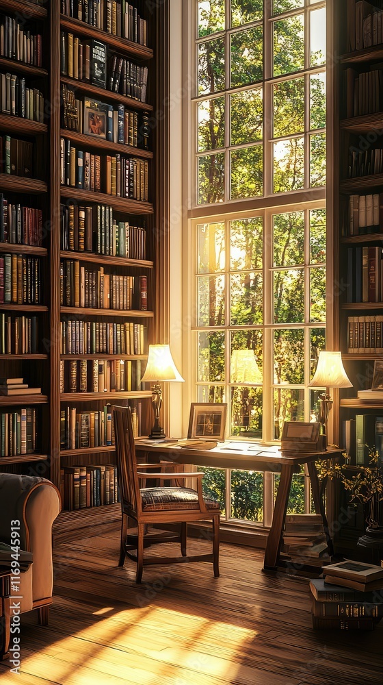 Cozy Home Library with Natural Light and Wooden Furnishings Cozy Home Library with Natural Light and Wooden Furnishings