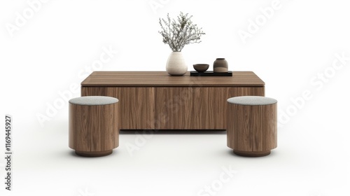 rectangular wooden coffee table with matching side stools