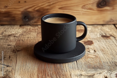 Warm coffee in black mug placed on wooden coaster near a window in morning light