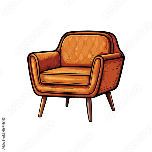 A cartoon drawing of a mid-century modern armchair with sleek wooden legs.