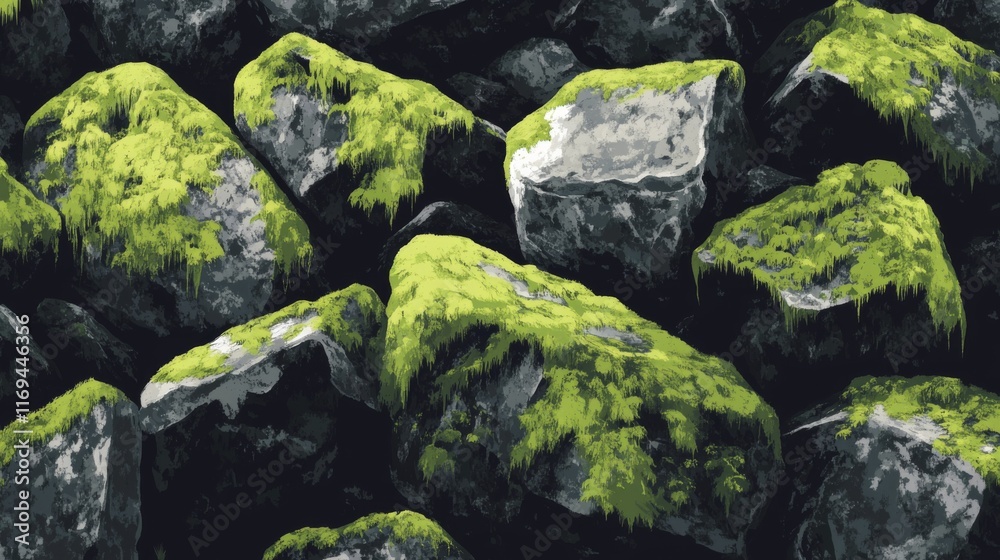 Mossy rocks, close-up view of grey stones covered with vibrant green moss. Mossy rocks, close-up view of grey stones covered with vibrant green moss.