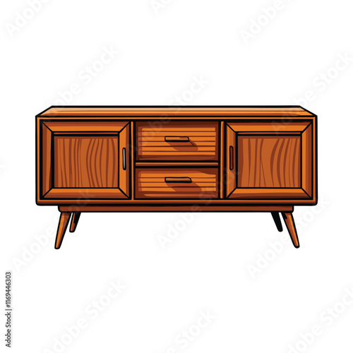 Illustration of a mid-century modern sideboard with tapered legs and two drawers.