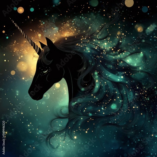 Mystical unicorn silhouette glows in golden light surrounded by sparkling mag...