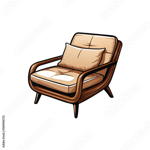 A cartoon illustration of a modern lounge chair with a sleek wooden frame and a soft, tan cushion.