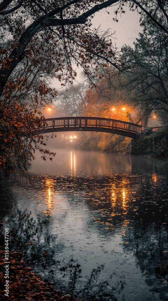 Fototapeta premium Misty Autumn Evening with Lanterns over Tranquil River Scene